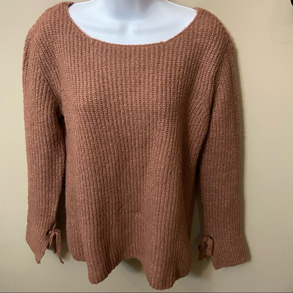 Brown Scoop Neck Womens Sweater with Cute Sleeve Ties  Size S